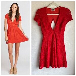 Show Me Your Mumu Ibiza Lace Cut Out V-Neck Short Sleeve Mini Dress in Red XXS